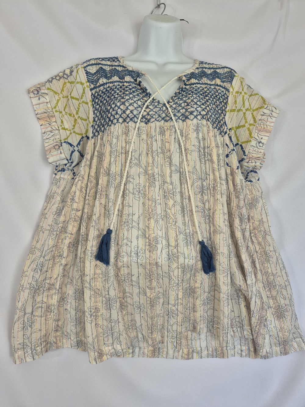 RACHEL Rachel Roy Cream Tunic with Blue Smocked Yoke and Navy Tassels